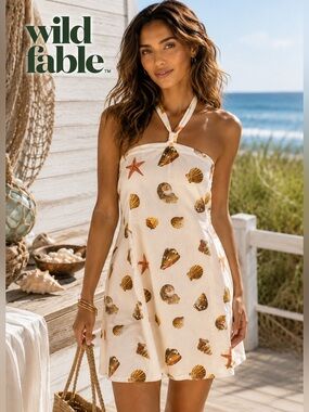 NWT Wild Fable,Soft Rayon/Linen Blend Halter Dress,Ocean,Nautical,Lined,Size L.